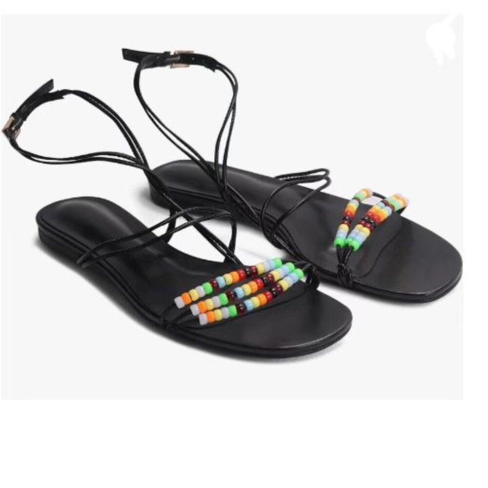 miss left Black Beaded Flat Sandals for Women Ankle Strap Open Toe Slide Sandals